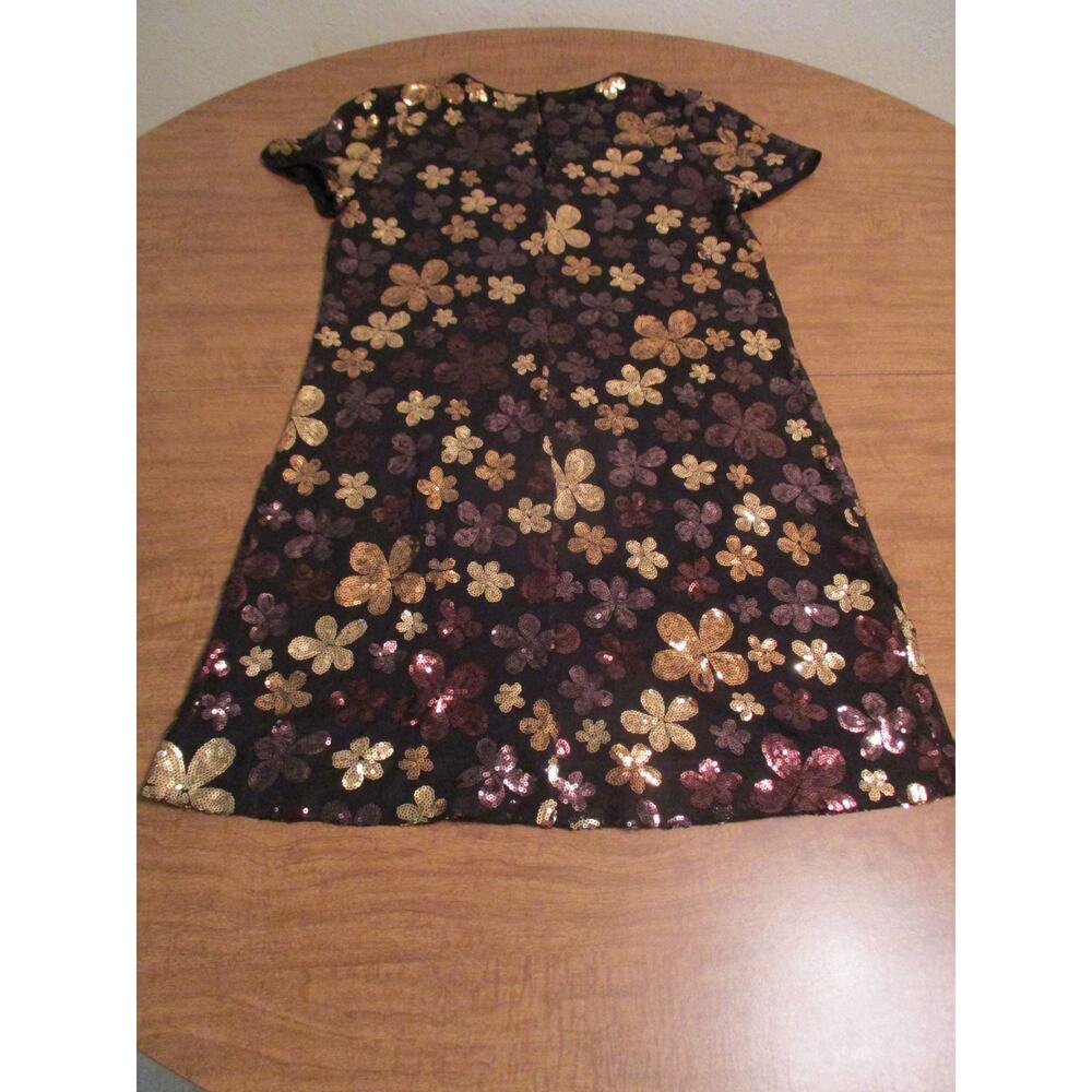 LONDON TIMES BLACK GOLD SEQUINS FLORAL PULLOVER SHORT SLEEVE DRESS SIZE 6 - Picture 2 of 4